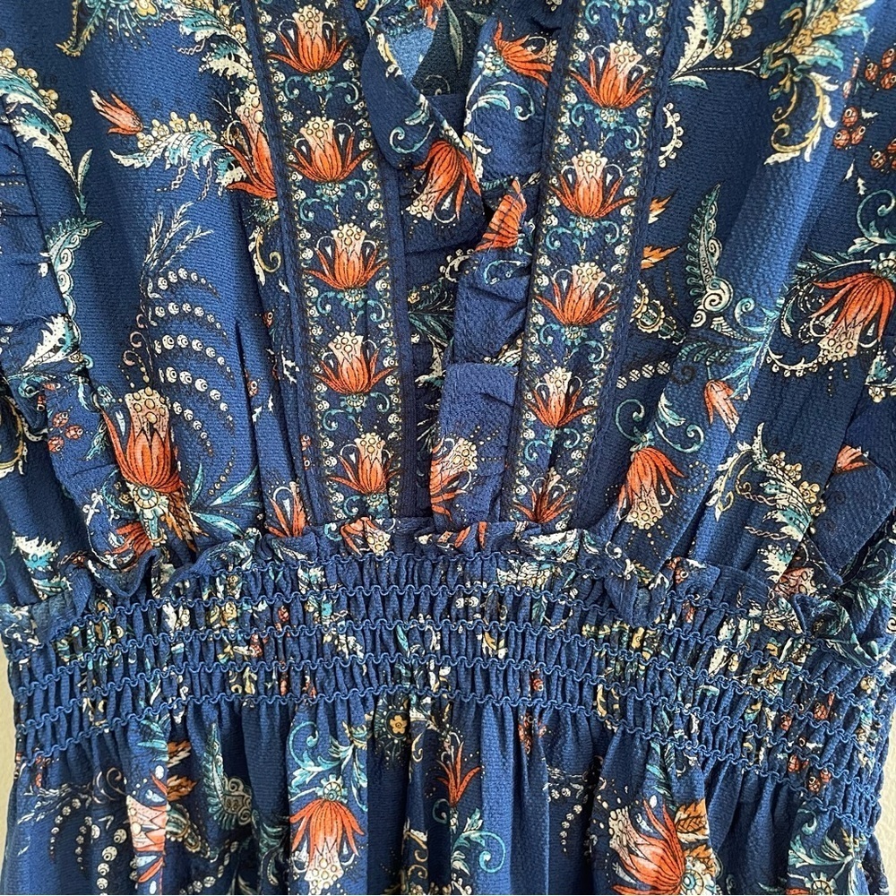 Floral Print Tiered Ruffle Maxi Dress Blue Size XS Prairie Cottagecore - Picture 4 of 10